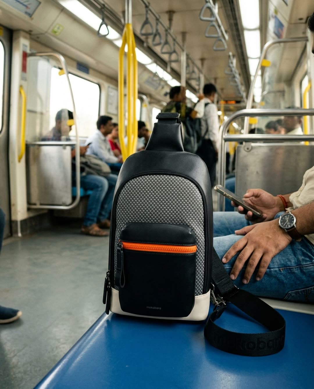 Mokobara Memo Crossbody, on the metro